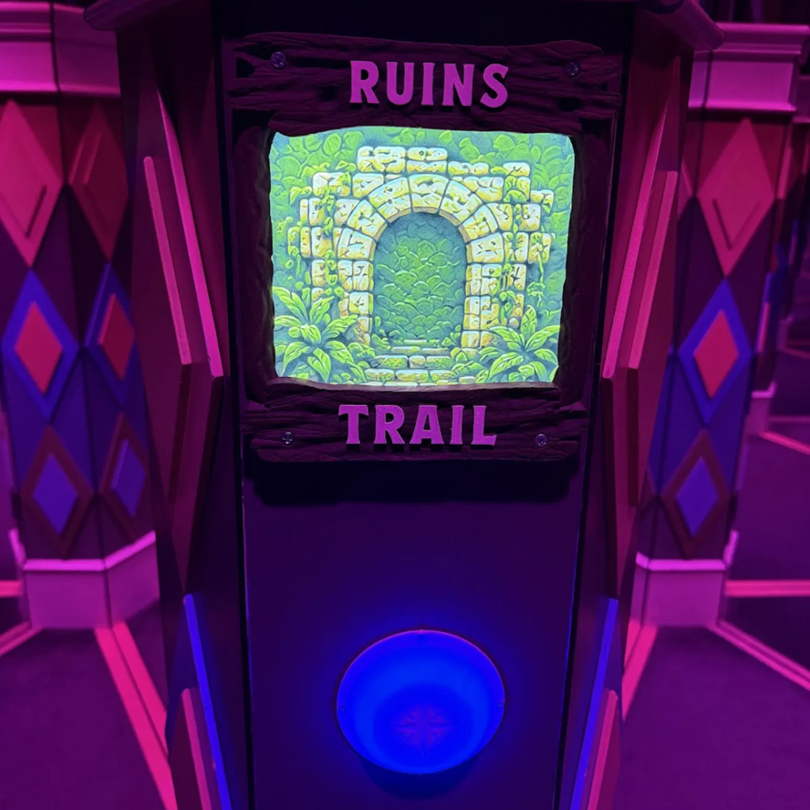 Ruins Trail scan point with glowing RFID pad inside the interactive mirror maze