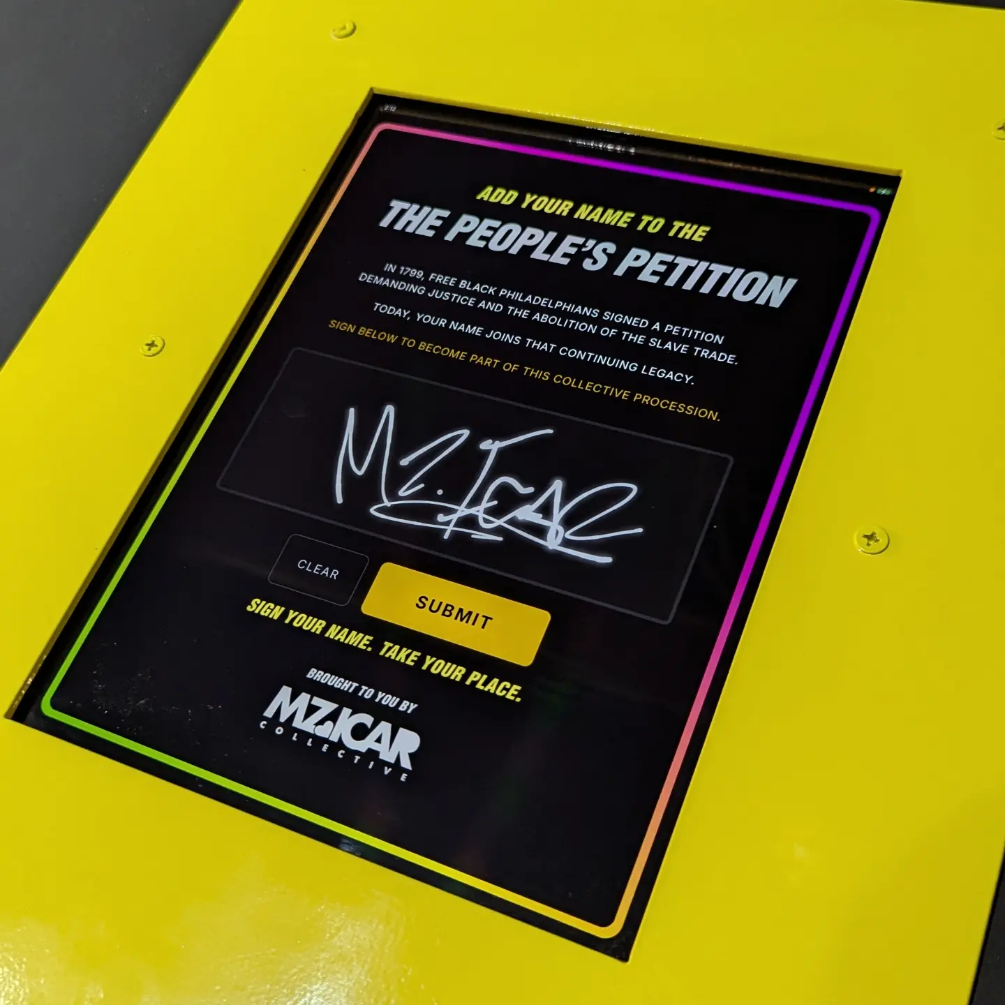 Custom iPad signature kiosk inviting visitors to add their name to the petition at the African American Museum in Philadelphia